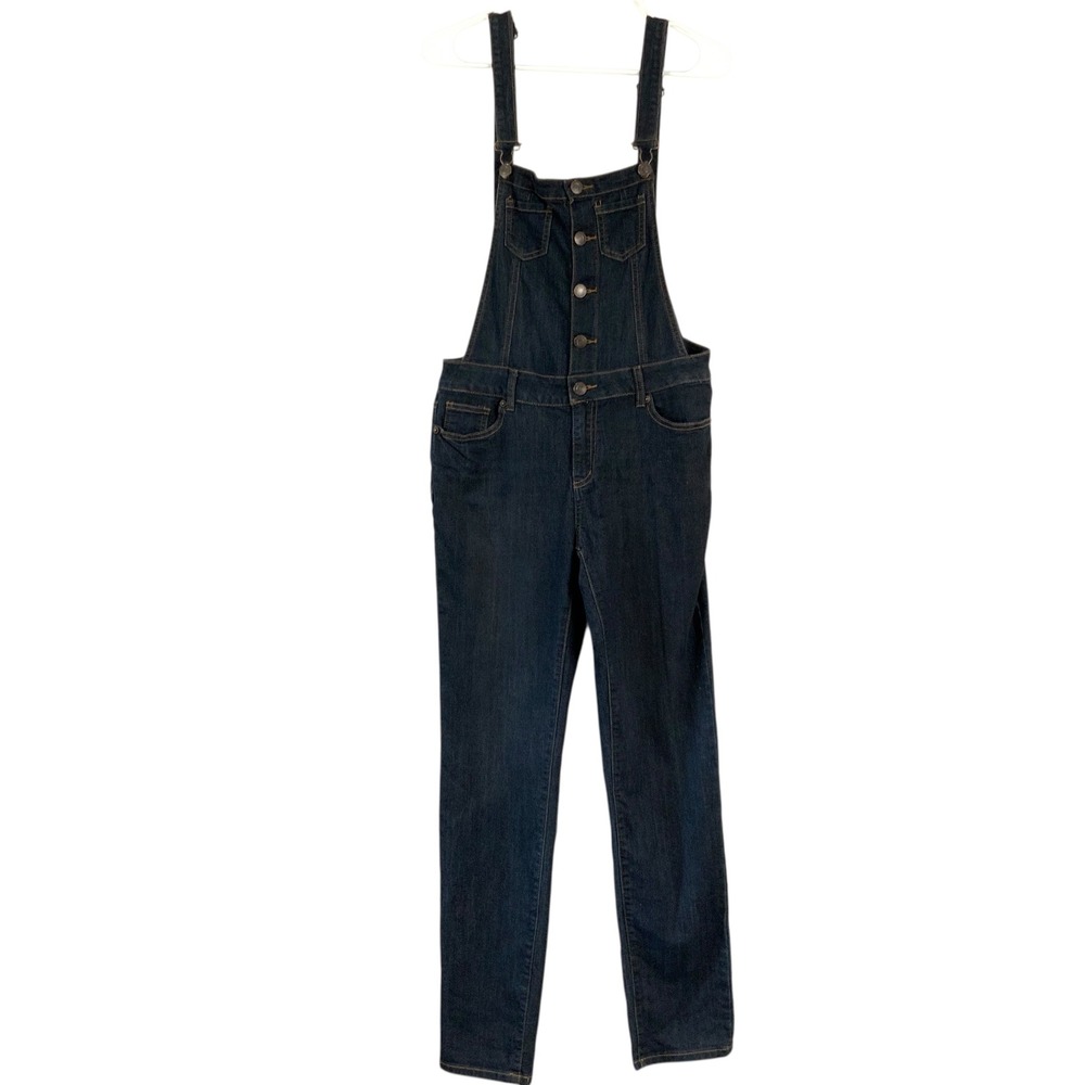 WAX JEAN Women's Dark Wash Denim Bib Overalls Pants Size L Button Front
